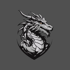 Dragon head tattoo vector illustration in black and white, detailed design with intricate patterns.