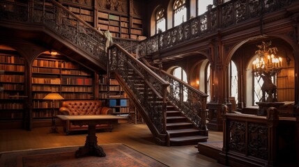 Historic library reading room with ornate carved wood and iron railings.