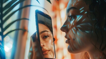 Exploring Beauty Through AR, Young Adult with Virtual Filters. A young individual explores the transformative magic of augmented reality filters, merging self-expression with digital enhancement.