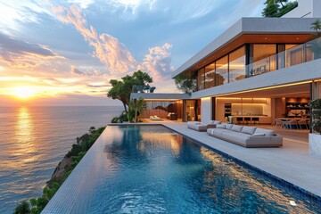 Luxury modern house with infinity pool and outdoor living area by the sea