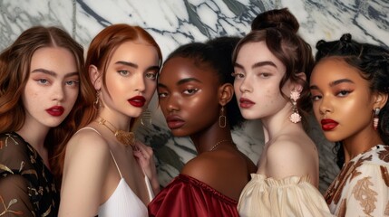 Obraz premium Timeless Elegance. Gen Z Women Showcasing Fashion Diversity. A diverse lineup of Generation Z women, each showcasing unique and fashionable styles, exuding confidence against a marble backdrop.