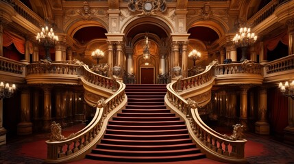 Historic opera house with grand staircases and ornate balconies.