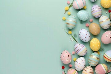 Obraz na płótnie Canvas Decorated Easter eggs and space for text on color background, top view - generative ai