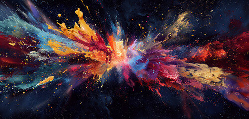 Splashes of paint explode outward, resembling a supernova in deep space. - obrazy, fototapety, plakaty