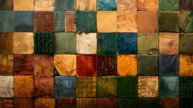 Overhead View Of A Patchwork Of Farm Fields, Pastoral, Earth Tones, Rural Wallpaper, Handcrafted, Agriculture, Photorealistic