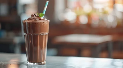 Chocolate protein smoothie on the table with copy space © Vlad Kapusta