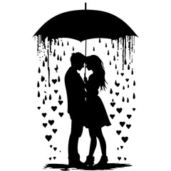 Silhouette of Couple Under Umbrella with Heart Rain
