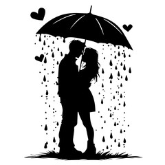 Silhouette of Couple Under Umbrella with Heart Rain
