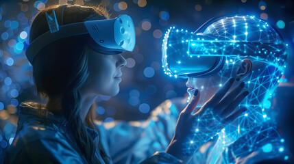 Young woman in VR headset extends her hands to holographic model of person. Immersion in high-tech virtual reality