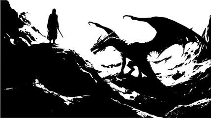 Mythical Dragon Scene Vector Illustration in Black  © Mateusz
