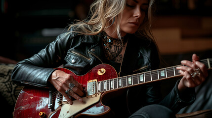 Woman playing an electric guitar, focused and wearing a leather jacket.