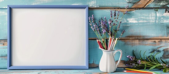 An empty frame poster is displayed on a wooden board wall alongside a bouquet of lavender and a vase filled with colored pencils. - obrazy, fototapety, plakaty