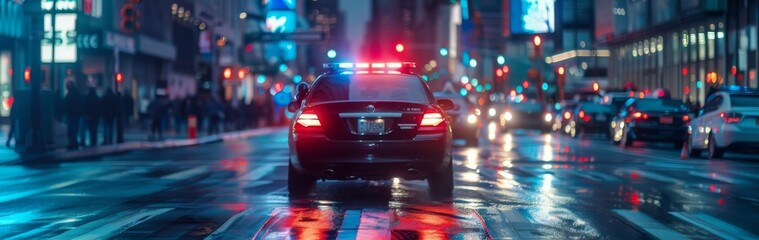 Flashing lights of a police car signaling its presence during a city check - obrazy, fototapety, plakaty