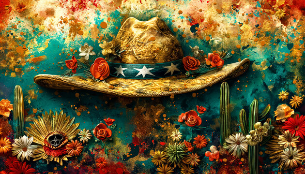 Artistic Mexican Sombrero with Flowers and Cacti in vintage style
