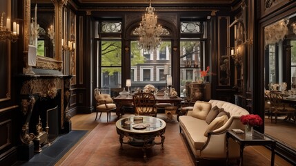 Historic urban brownstone parlor room with floor-to-ceiling windows wood-burning fireplace antique mirrored walls and gilded accents.