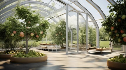 Home greenhouse with glass vaulted ceilings polished concrete floors and lush fruit trees interspersed.