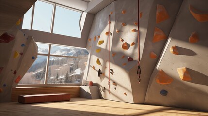 Home rock climbing wall with angled architectural details rubberized floors and inset safety bouldering area.