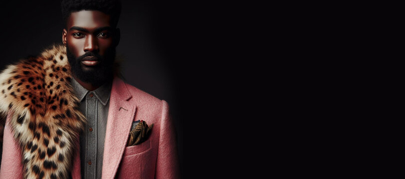 African man in a pink suit with fur.