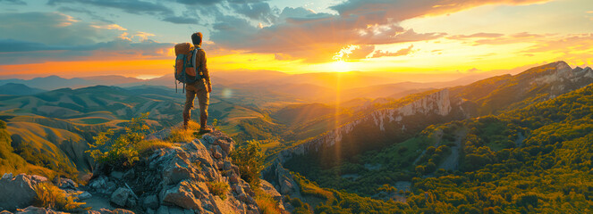 Adventurous man admiring nature from cliff top at sunset in summer mountains