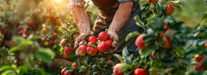 Sunny Orchard Harvest: Capturing the Hands of a Farmer Picking Apples in the Garden