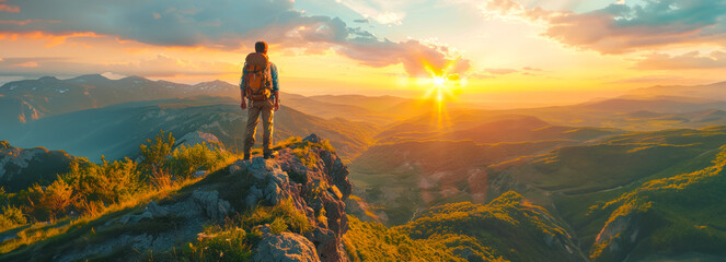 Adventure Seeker: Capturing the Serenity of Sunset in the Summer Mountains - obrazy, fototapety, plakaty