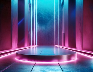 Metal lighting neon podium cyberpunk unreal city pink blue neon lasers stage product display background, 3d illustration empty display showroom - obrazy, fototapety, plakaty