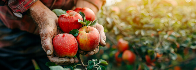 Capturing the Harvest: Skilled Farmer's Hands Picking Apples in a Sunlit Orchard