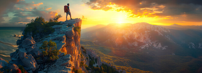 Adventure Seeker: Man Embracing Nature's Beauty on Cliff at Sunset in Summer Mountains