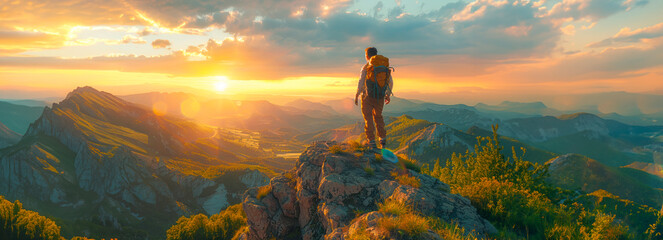 Adventurous man admiring sunset view from cliff top in summer mountains with backpack