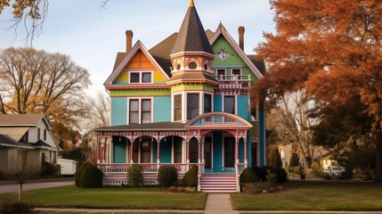 Historic Victorian home with colorful gingerbread trim turret and wrap-around porch. - obrazy, fototapety, plakaty