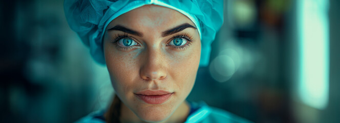 Female surgeon in action: a portrait of determination and focus. - obrazy, fototapety, plakaty