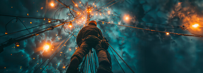 Skilled electricians fixing high-up electrical system, seen from below - dynamic bottom view shot