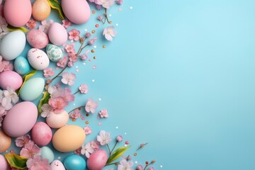 Fototapeta na wymiar Decorated Easter eggs and space for text on color background, top view - generative ai