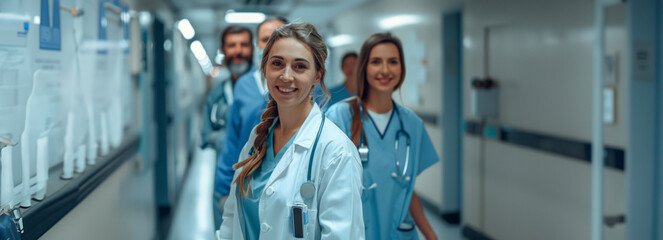 Joyful medical team in hospital hallway, smiling group portrait.