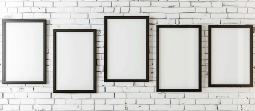 A set of eight black wooden photo frames displayed on a white brick wall as part of interior decoration.