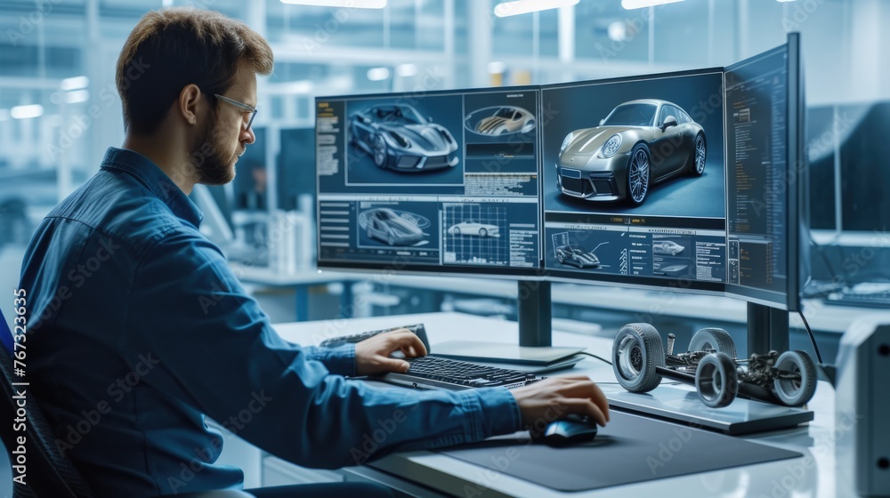 Poster a man sits at a desk with two computer monitors, using a personal computer and peripherals for engin