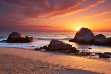 Sand beach among rocks on evening sunset