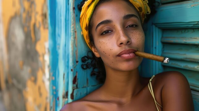 Young Cuban woman smoking cigar portrait