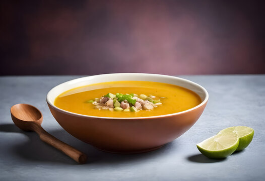 sopa de lima traditional mexican soup with ham and cheese in a bowl with lime and wooden spoon on a table