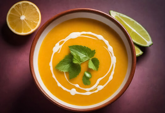 a bowl of sopa de lima, traditional mexican soup with lime and mint