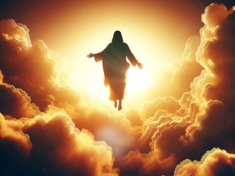 Jesus Christ ascended into heaven among the clouds, Ascension Day Concept and Video Looping