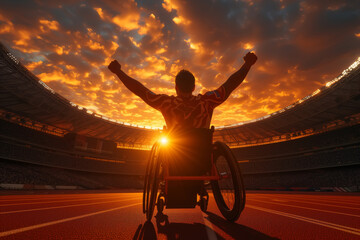 Back view of a man in a wheelchair celebrating a victory in the stadium, demonstrating his triumph in a parasports competition - Powered by Adobe