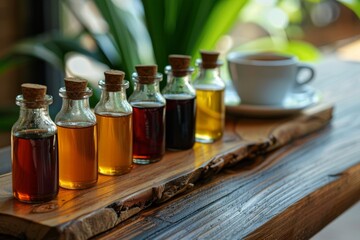 Artisanal coffee syrups on wooden surface beside a fresh cup of coffee