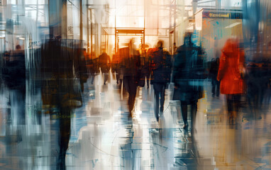 Abstract blurred background of business people walking in the office, double exposure with glass windows. Blurred motion crowd 