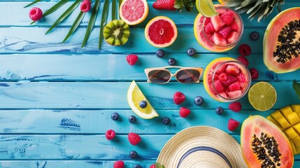 Summer sales advertising banner tropical fruits copy space blue wooden background - obrazy, fototapety, plakaty