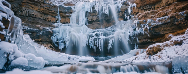 A frozen waterfall cascades down a rocky cliff, the ice formations detailed and clear against a blurred, snowy landscape. The stillness of