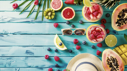 Summer sales advertising banner tropical fruits copy space blue wooden background - obrazy, fototapety, plakaty