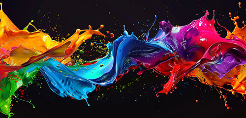 Vivid paint splashes intertwining to form a dynamic dance of colors.