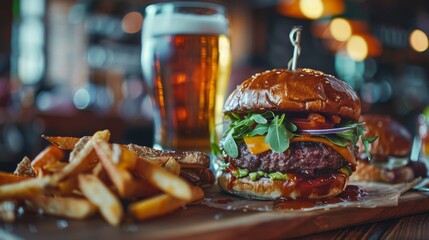 Gourmet avocado burger with golden fries and craft pilsner beer - obrazy, fototapety, plakaty