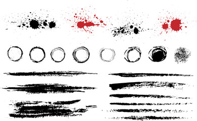 Vector overlay  grunge brush strokes and Ink splatters isolated on a white background. Brush strokes bundle with grungy painted lines. Hand drawn ink spray and splash design elements and drops. - 767324437